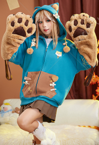 Gorou Derivative Pullover Hoodie with Detachable Bag Design Furry Paw Gloves Genshin Impact Kawaii Dog Ear Zipper Hoodie