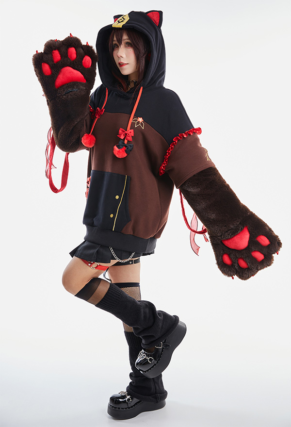 Hu Tao Genshin Impact Hoodie mit abnehmbarer Tasche Plüsch Bärpfote Kawaii Handschuhe Hoodie mit Kapuze