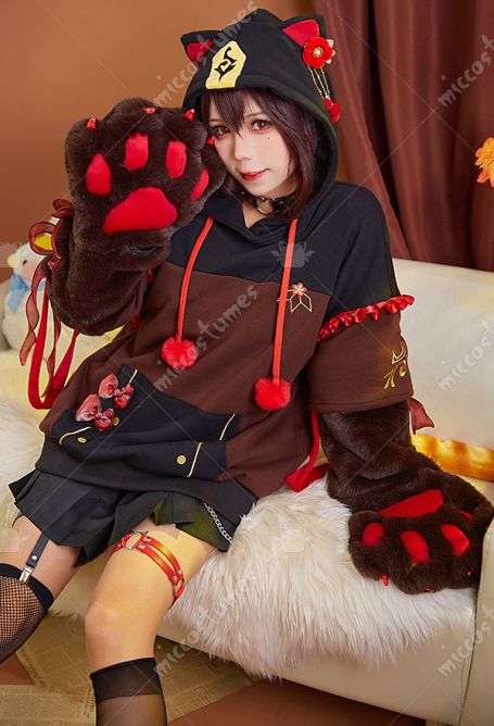 Genshin Impact Hu Tao Derivative Pullover Hoodie with Detachable Bag Design Furry Cat Paw Gloves Fox Style Hooded Sweatshirt