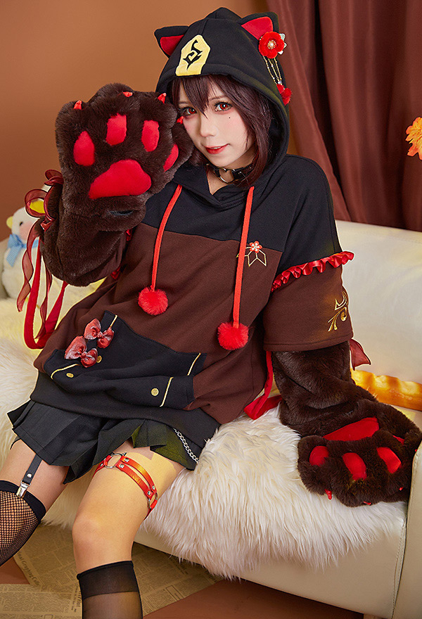 Hu Tao Genshin Impact Hoodie mit abnehmbarer Tasche Plüsch Bärpfote Kawaii Handschuhe Hoodie mit Kapuze