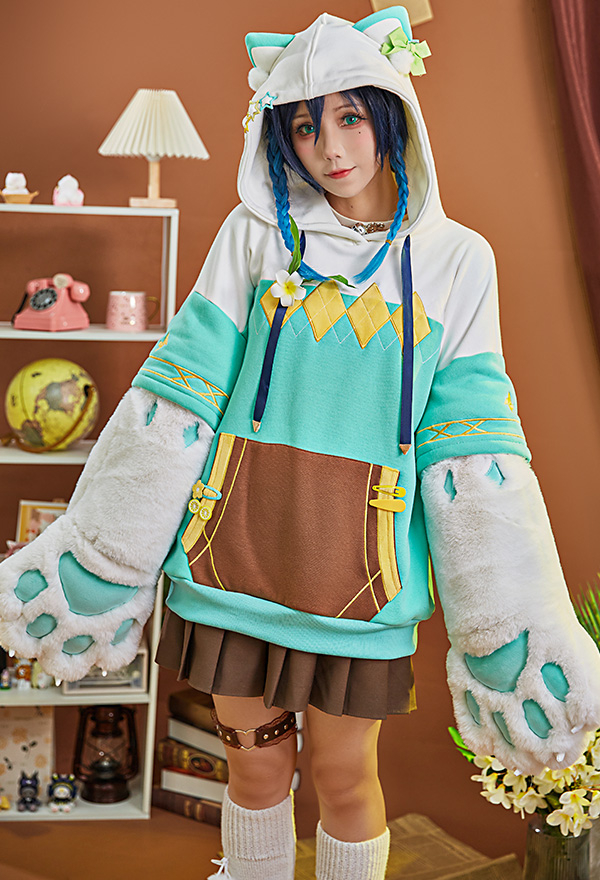 Hoodie Kawaii Dérivé Venti avec Pattes de Chat Détachable en Peluche Manche Gant Sac