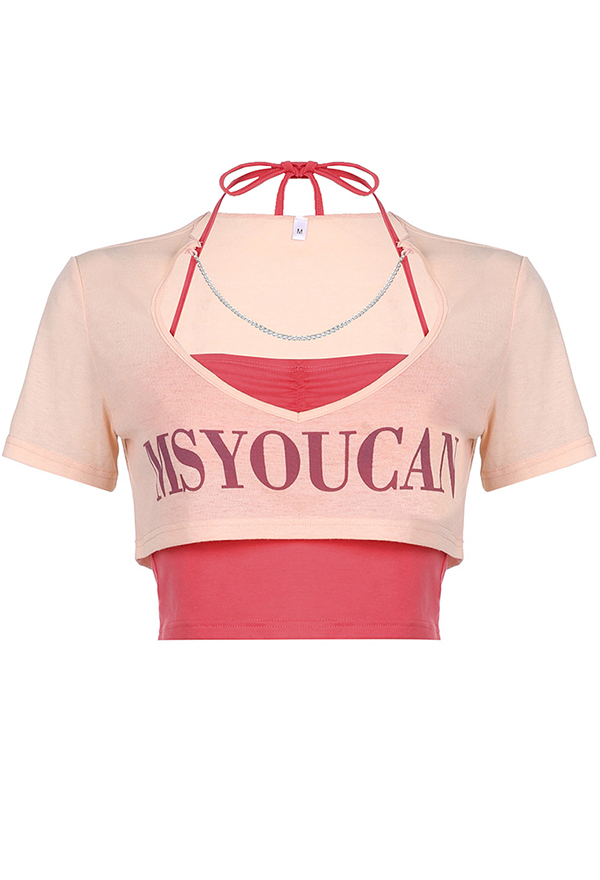 Harajuku Style Y2K Fashion Cutout Halter Top and Short Sleeves Chain Decorated Crop Top Two Piece Set