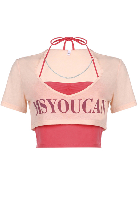 Harajuku Style Y2K Fashion Cutout Halter Top and Short Sleeves Chain Decorated Crop Top Two Piece Set
