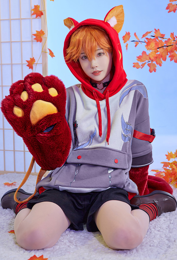 Tartaglia Childe Genshin Impact Hoodie mit abnehmbarer Tasche Plüsch Bärpfote Kawaii Handschuhe Hoodie mit Kapuzen