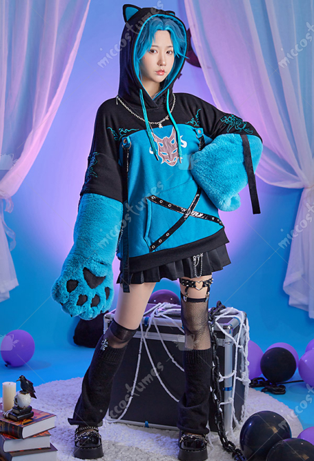 Xiao Derivative Pullover Hoodie with Detachable Bag Design Furry Paw Gloves Genshin Impact Kawaii Cat Style Ear Hooded Sweatshirt