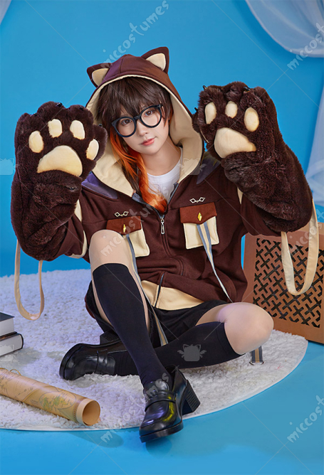 Genshin Impact Zhongli Derivative Pullover Hoodie with Detachable Bag Design Furry Paw Gloves Kawaii Fox Ear Hooded Sweatshirt