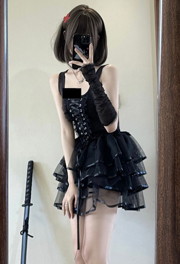Women Y2K Style Tank Dress - Lace-up Sleeveless Gothic Punk