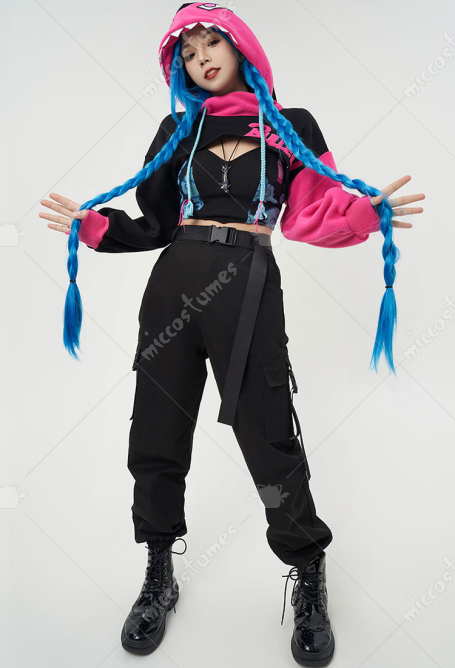LOL Derivative Hoodie and Vest Set Shark Shape Hooded Loose Sleeve Crop Top and Clouds Pattern Vest and Necklace