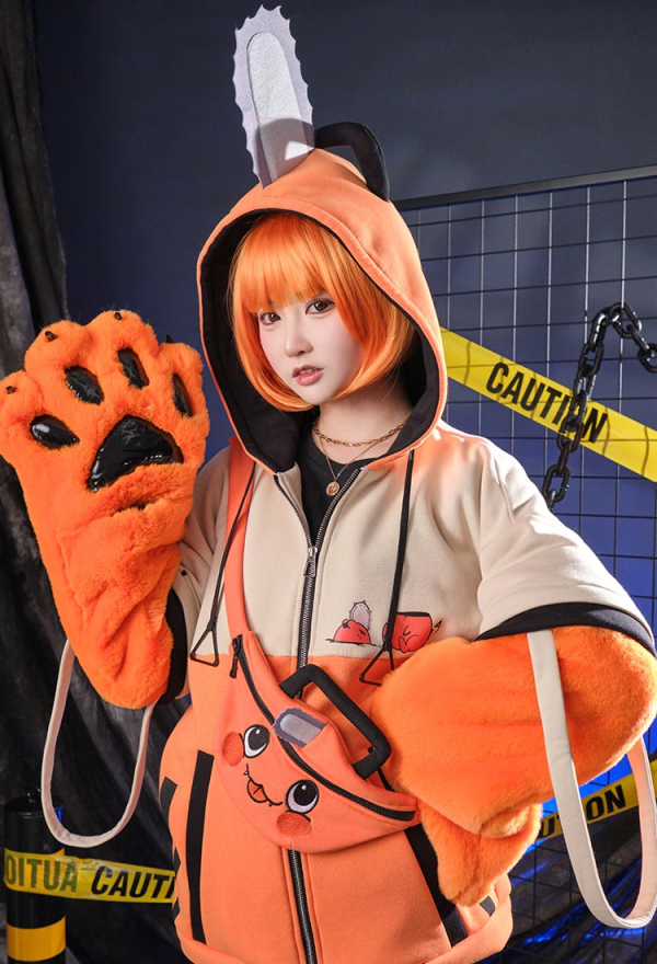 Chainsaw Derivative Pullover Hoodie with Detachable Bag Design Furry Paw Gloves Orange Hooded Zipper Sweatshirt with Bag