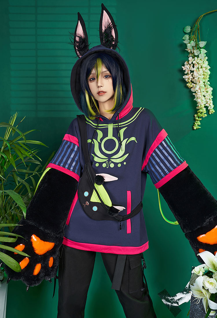Tighnari Derivative Pullover Hoodie with Detachable Bag Design Furry Cat Paw Gloves Sweatshirt Genshin Impact Kawaii Cat Style Ear Hooded Sweatshirt