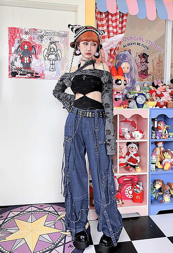 Y2K Fashion Straight Trousers High Waist Star Straps Casual Pants