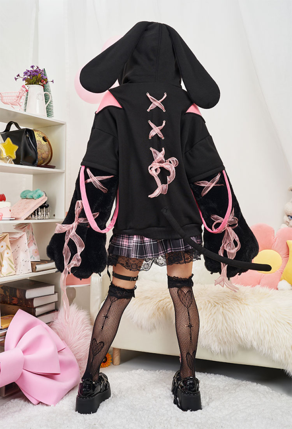 Pullover Hoodie with Detachable Bag Design Furry Cat Paw Gloves Cute Black Pink Bunny Hoodie