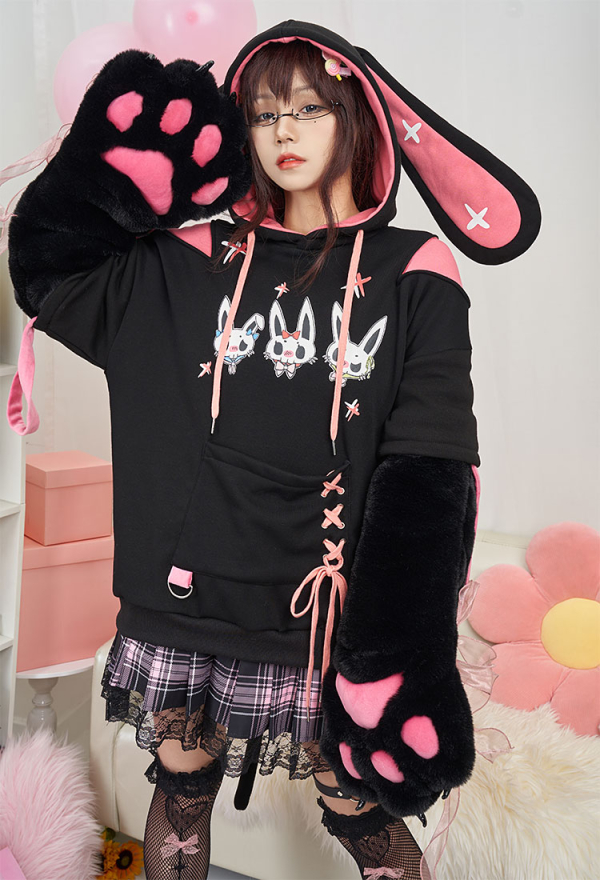 Pullover Hoodie with Detachable Bag Design Furry Cat Paw Gloves Cute Black Pink Bunny Hoodie