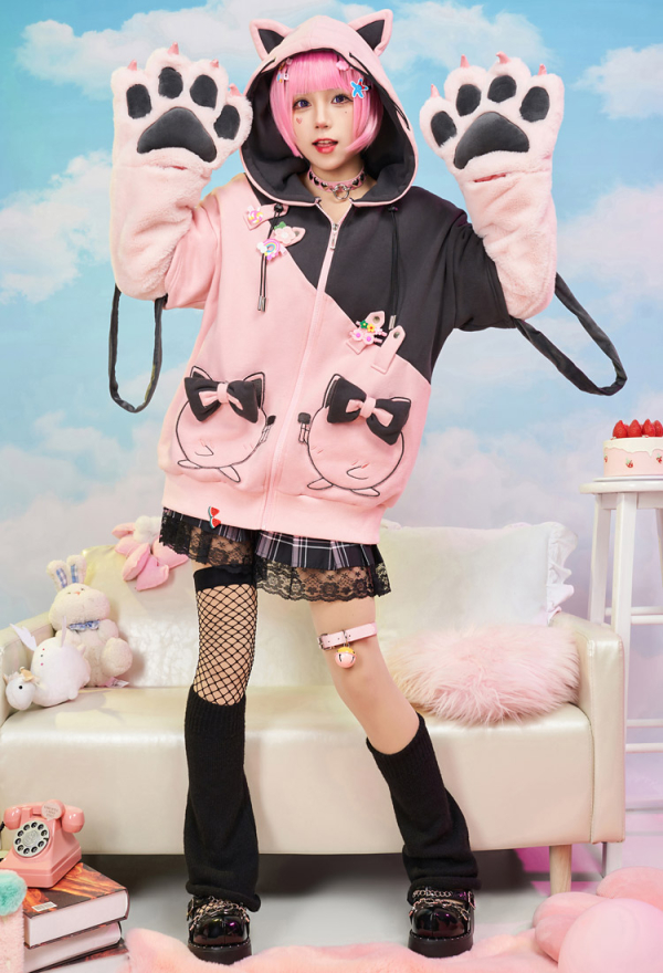 PM Derivative Pullover Hoodie with Detachable Bag - Kawaii Drawstrings  Sweatshirt with Furry Paw Gloves