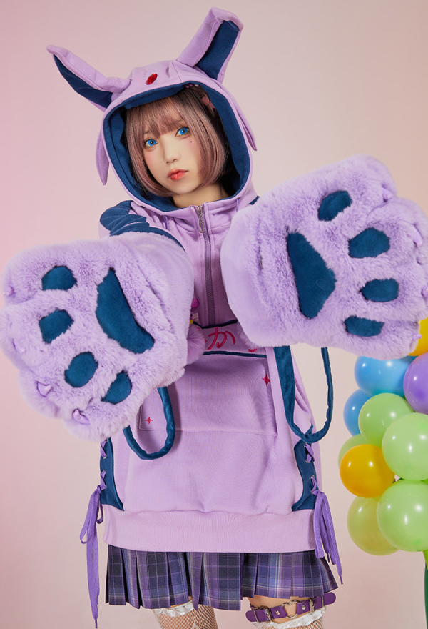 PM Derivative Purple Zipper Pullover Hoodie with Detachable Bag Design Furry Paw Gloves Kawaii Sweatshirt