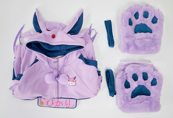 PM Derivative Purple Zipper Pullover Hoodie with Detachable Bag Design Furry Paw Gloves Kawaii Sweatshirt