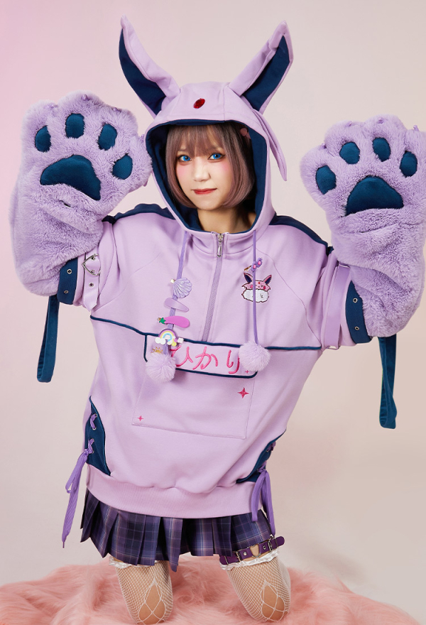 PM Derivative Purple Zipper Pullover Hoodie with Detachable Bag Design Furry Paw Gloves Kawaii Sweatshirt