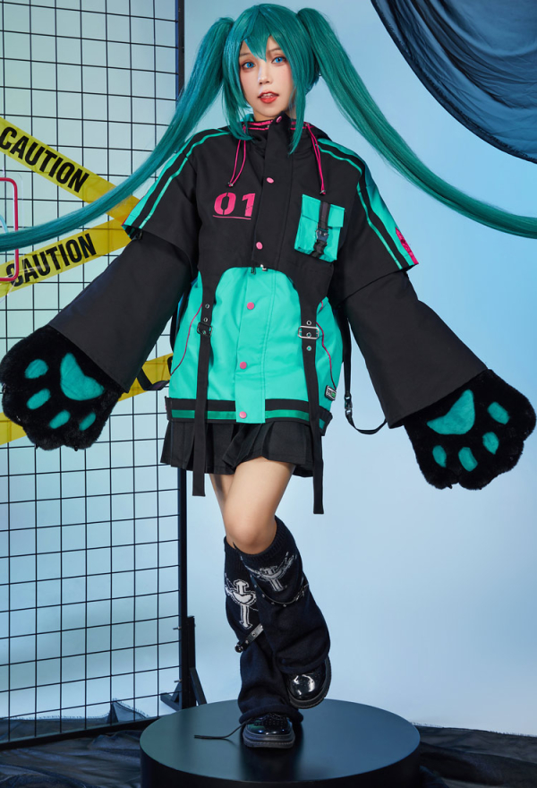 Vocal Derivative Black Green Pullover Hoodie Jacket and Detachable Skirt Set Motorcycle Suit Style Clubwear with Furry Cat Paw Bag