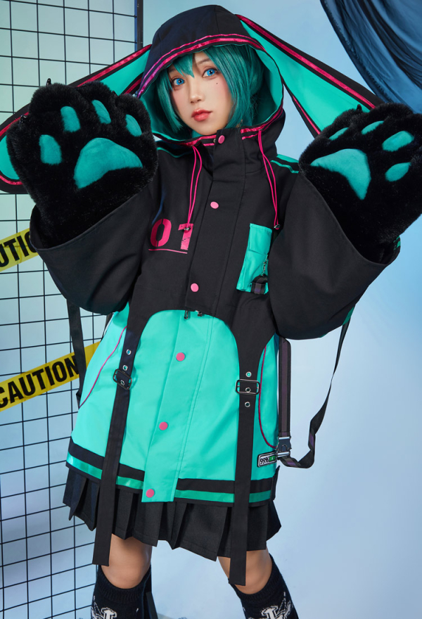 Vocal Derivative Black Green Pullover Hoodie Jacket and Detachable Skirt Set Motorcycle Suit Style Clubwear with Furry Cat Paw Bag