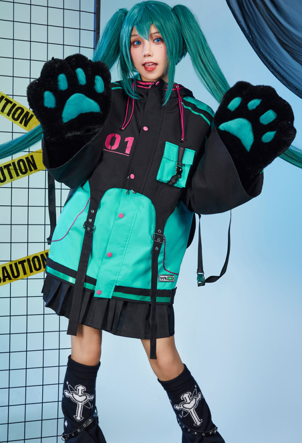 Vocal Derivative Black Green Pullover Hoodie Jacket and Detachable Skirt Set Motorcycle Suit Style Clubwear with Furry Cat Paw Bag