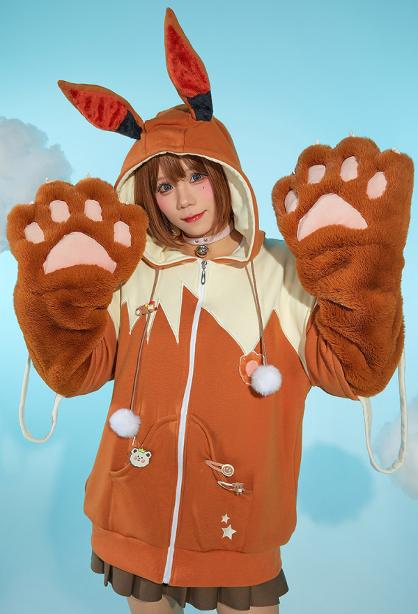 PM Derivative Pullover Hoodie with Detachable Bag Design Furry Paw Gloves Kawaii Hooded Sweatshirt