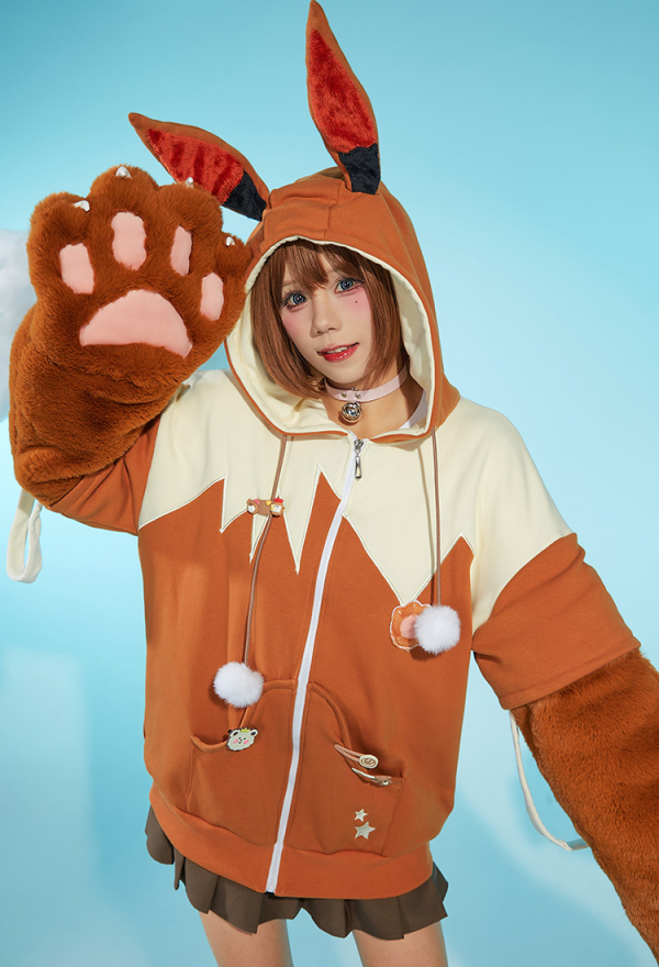 PM Derivative Pullover Hoodie with Detachable Bag Design Furry Paw Gloves Kawaii Hooded Sweatshirt