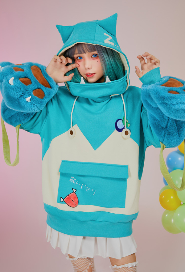 PM Derivative Pullover Hoodie with Detachable Bag Design Furry Paw Gloves Kawaii Blue White Hooded Sweatshirt