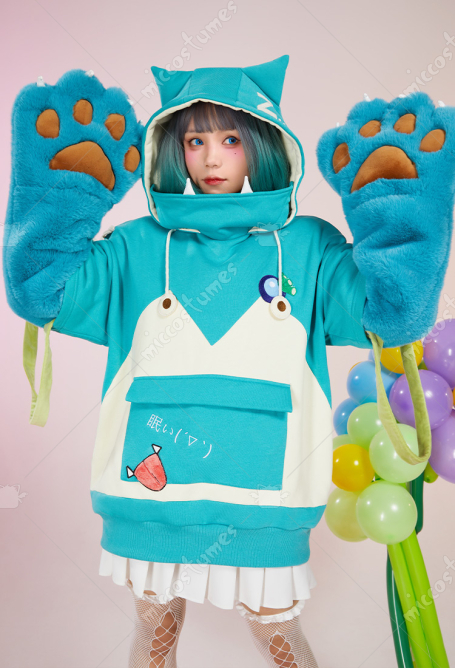 PM Derivative Pullover Hoodie with Detachable Bag Design Furry Paw Gloves Kawaii Blue White Hooded Sweatshirt