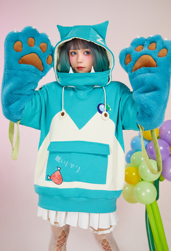 PM Monstre Bleu Dérivé Hoodie Kawaii Sweat à Capuche avec Gants Détachable en Fourrure Comme Sac en Forme de Patte de Chat