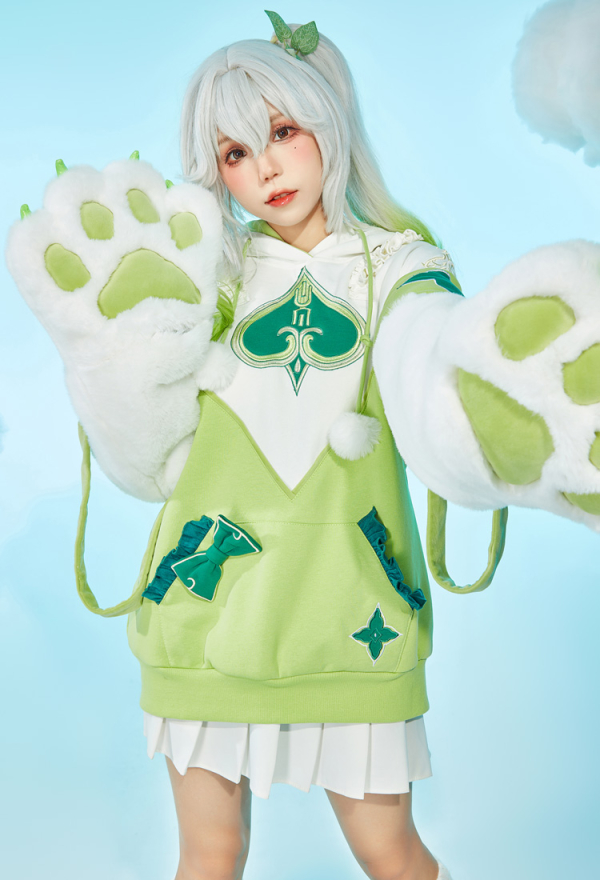 Pull à Capuche Dérivé de Nahida avec Design de Sac Détachable Gants en Peluche de Patte Sweatshirt à Capuche Vert Kawaii