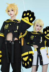 Rin Derivative Hoodie and Detachable Skirt Set Sailor Style Jacket Clubwear with Furry Cat Paw Gloves