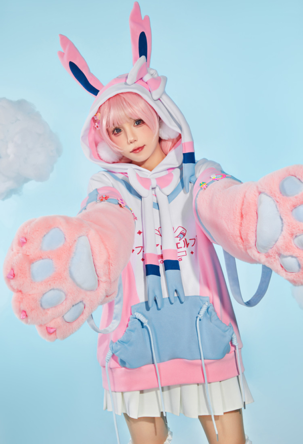 PM Dérivé Pull à Capuche avec sac Détachable Gants en Fourrure de Patte de Chat Sweat-shirt Kawaii