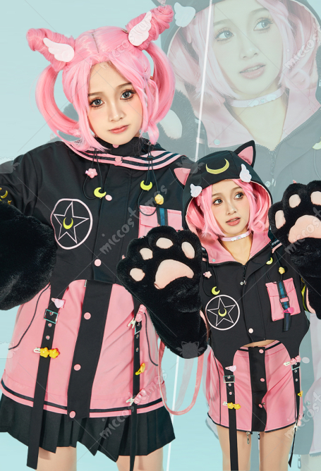 Chibiusa Derivative Pullover Hoodie and Detachable Skirt Set Sailor Style Jacket with Furry Cat Paw Gloves