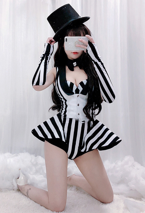 Black White Stripe Sexy Clown Bodysuit Dress Halloween Circus