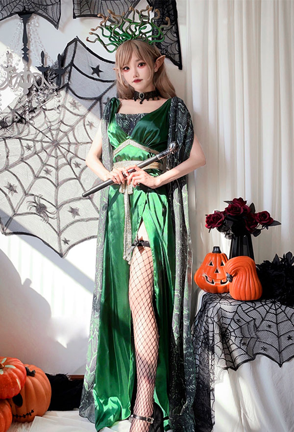 Halloween Costume de Cosplay Sirène de La Mythologie Grecque pour Femmes Robe Verte Medusa avec Couvre-chef Serpent