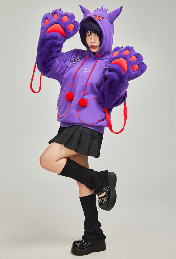 PM Derivative Pullover Purple Hoodie with Detachable Bag Design