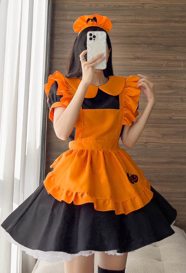 1/3 Delusion Halloween Maid Costume Women Pumpkin Lolita Dress Outfit with Apron and Headdress