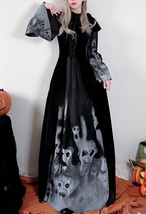 Halloween Bride Witch Costume for Women Gothic Long Dress with Ghost Pattern