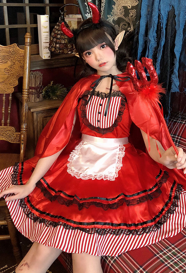 Halloween Damen Rot Rotkäppchen Lolita Spitze Kleid mit Umhang