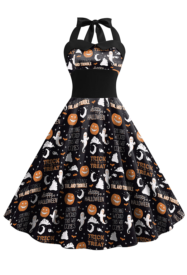 Gothic Pumpkin Head Ghost Print Halter Sleeveless Strappy Dress