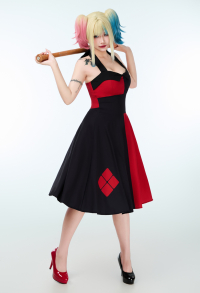 Women Clown Halloween Party Dress Black Red Halter Sleeveless Strappy Dress