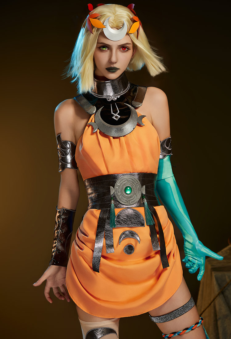 Hades Melinoë Cosplay Costume Orange Dress with Waistband and Collar Decoration