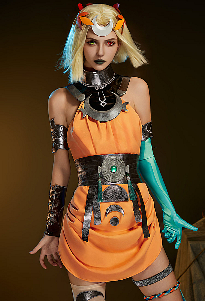 Hades Melinoë Cosplay Costume Orange Dress with Waistband and Collar Decoration