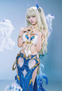 Honkai Impact 3 Mobius Cosplay Costume Halter Top and Skirt with Arm Ring and Head Accessory