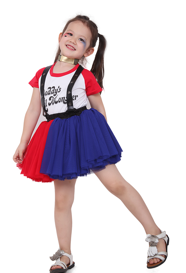 Joker Harley Quinn Girl Red and Blue Dress Costume for Kids