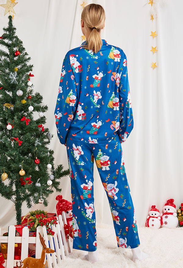 Weihnachten Damen Homewear Schneemann Blau Lange Arm Pyjama Hosen