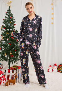 Christmas Women Adults Moon Night and JK Santa Claus Pattern Long Sleeve Plain-Weave Pajamas Set Sleepwear Lounge Sets with Pants Costume 2 Piece Outfits