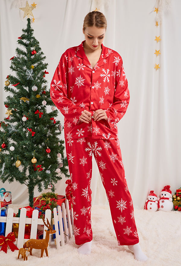 Weihnachten Schneeflocke Pyjama Damen Rot Homewear Lange Arm Pyjama Hosen