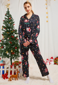 Christmas Women Adults Cartoon Singing and Sledding Santa Claus Pattern Long Sleeve Plain-Weave Pajamas Set Sleepwear Lounge Sets with Pants Costume 2 Piece Outfits