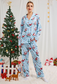 Christmas Women Adults Cartoon Sledding Santa Claus Pattern Long Sleeve Plain-Weave Pajamas Set Sleepwear Lounge Sets with Pants Costume 2 Piece Outfits